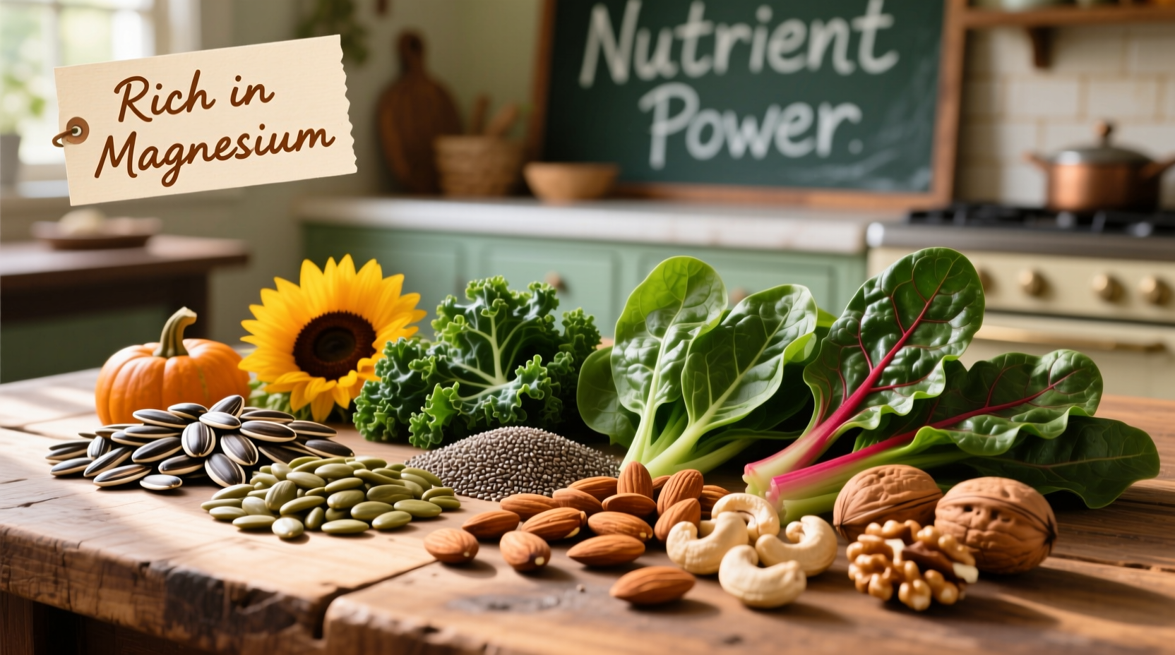 Colorful display of magnesium-rich foods including seeds, leafy greens, and nuts