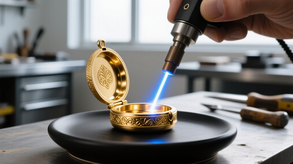 Jeweler using a precision laser welder to seal a gold cremation locket, with protective heat-sink paste applied near the seam.