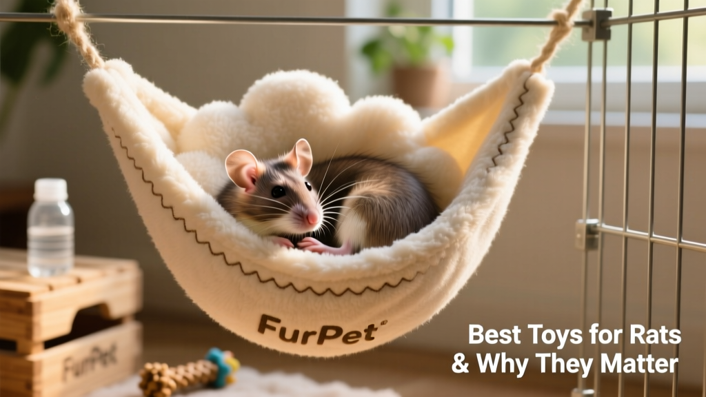 Two rats snuggled together in a FurPetVo fleece hammock suspended between cage bars