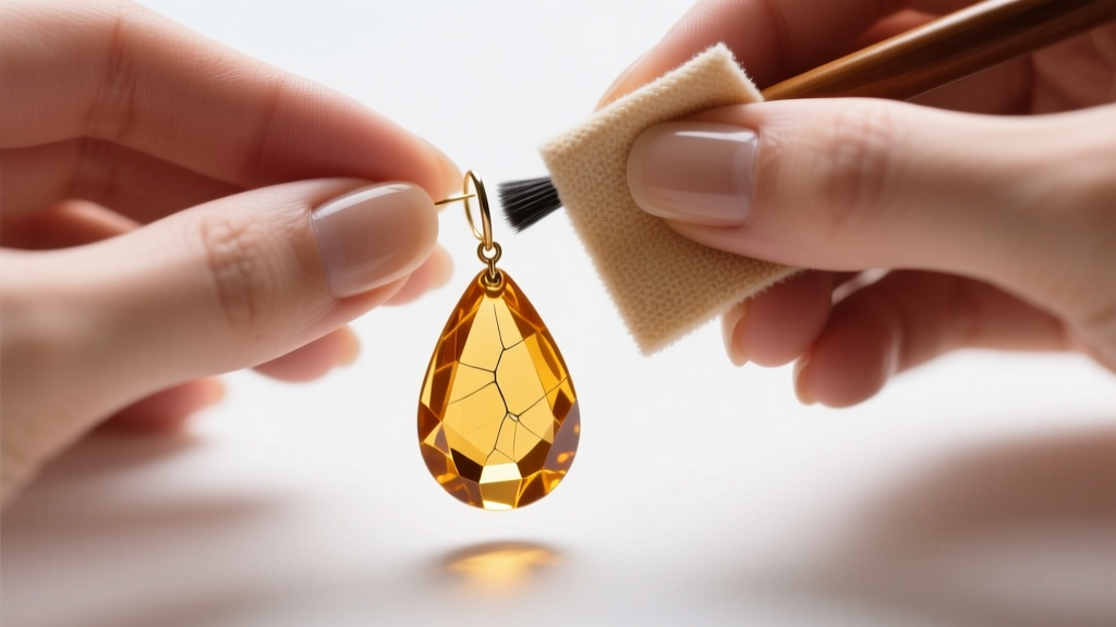 Hands using a microfiber cloth and plastic polish to buff out micro-scratches on a vintage amber lucite disco drop earring.