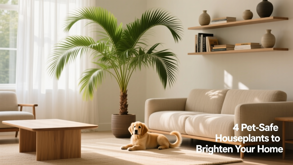 A lush Parlor Palm in a modern living room, with soft light filtering through nearby windows