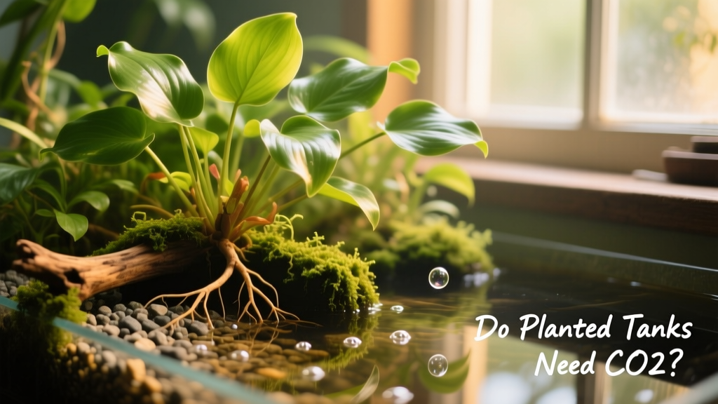 A lush, low-tech planted aquarium with Anubias and Cryptocoryne under soft lighting