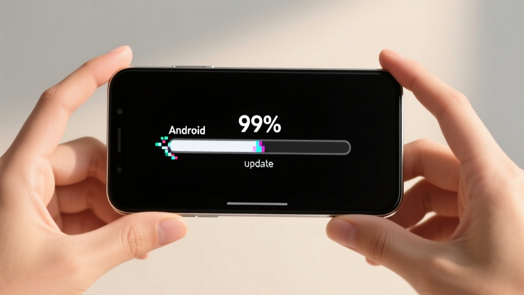 Hands holding a modern bezel-less smartphone running a fake Android update screen prank with a simulated 99% stuck progress bar