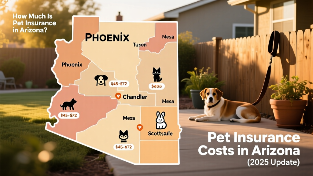 Infographic showing Arizona map with highlighted cities and corresponding average monthly pet insurance costs