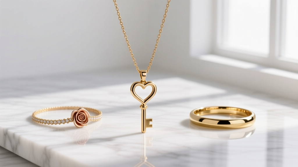 Three heart and key necklaces on marble: a brass plated piece, a gold vermeil piece, and a solid 18k gold fine jewelry piece
