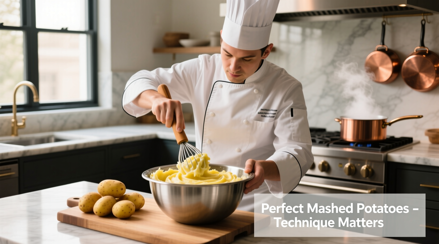 Professional chef demonstrating proper potato mashing technique