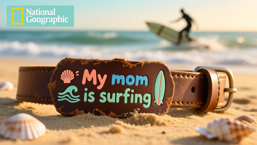 Close-up of the dog’s collar featuring playful beach-themed engraving and the phrase 'My mom is surfing' in cheerful font
