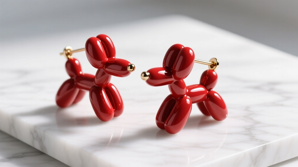Glossy red enamel balloon dog earrings on white marble, lit by soft light for a pop-art jewelry gift guide hero photograph