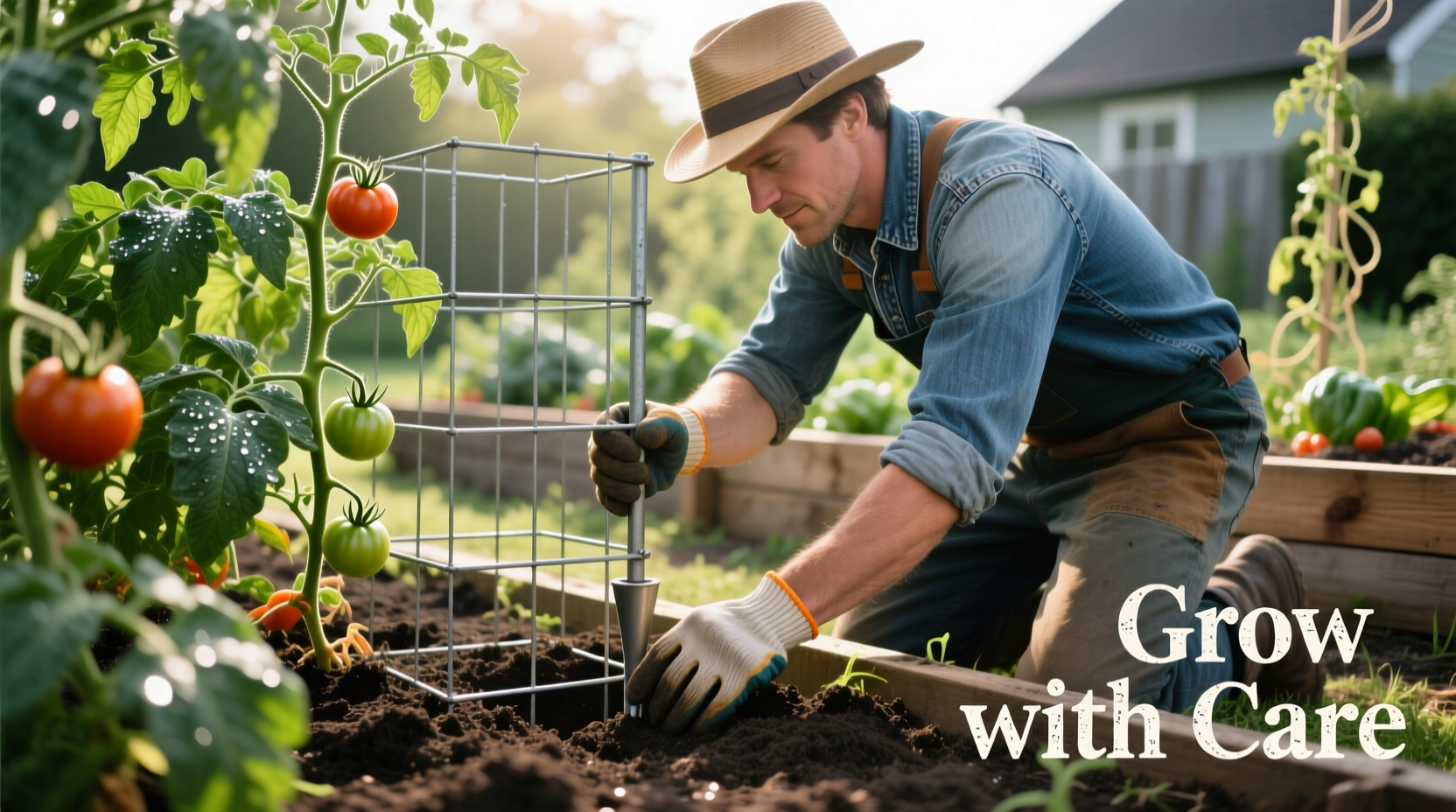 Gardener installing tomato cage in garden