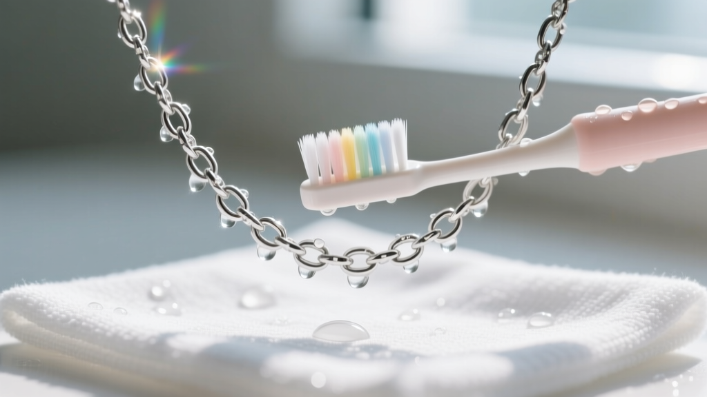 A soft baby toothbrush gently scrubbing a silver-plated costume jewelry chain over a microfiber cloth with mild soapy water