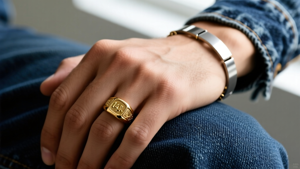 Close-up of a male hand on denim, showing a brushed 14k gold signet ring and a 5mm titanium chain bracelet.