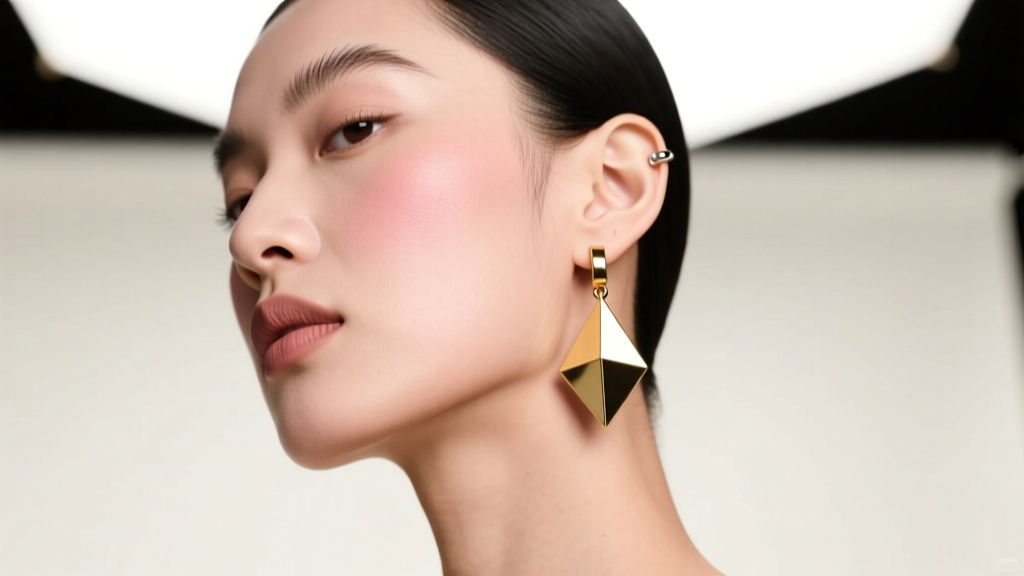 Model wearing a single 14-gauge gold geometric drop earring on the left ear, right ear unpierced, soft studio lighting