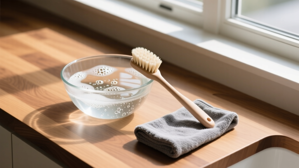 Overhead view of a cleaning station with a glass bowl of soapy water, a soft brush, and a folded gray microfiber cloth on wood