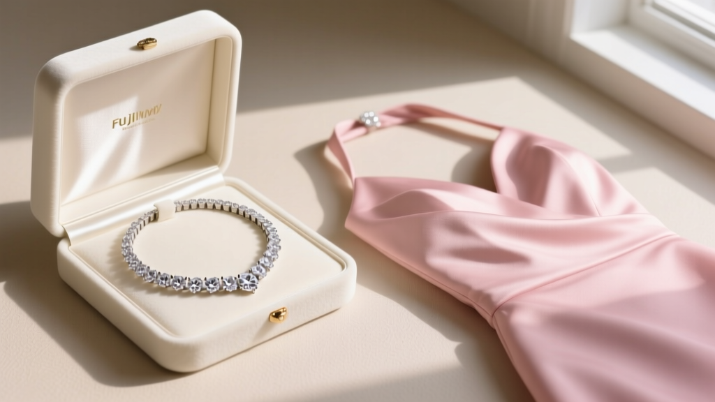 Open velvet box revealing a 14-inch diamond tennis choker necklace, presented next to a folded blush pink halter bridesmaid dress.