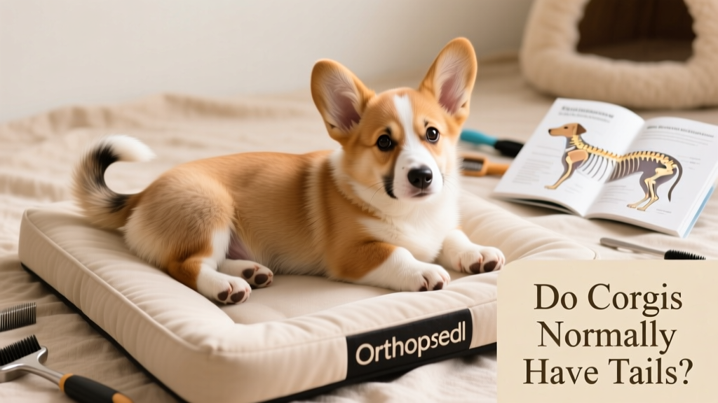 Corgi puppy resting comfortably on a supportive orthopedic bed, tail relaxed