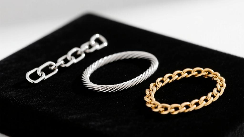 Macro photography of three distinct permanent jewelry chain styles, including a paperclip, cable, and figaro, laid on dark velvet