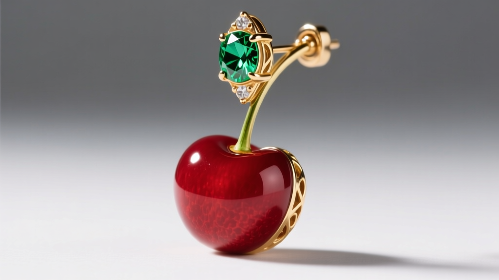 Macro view of a gold cherry earring stem joint with a bezel-set tsavorite securing the connection to the red enamel fruit body.