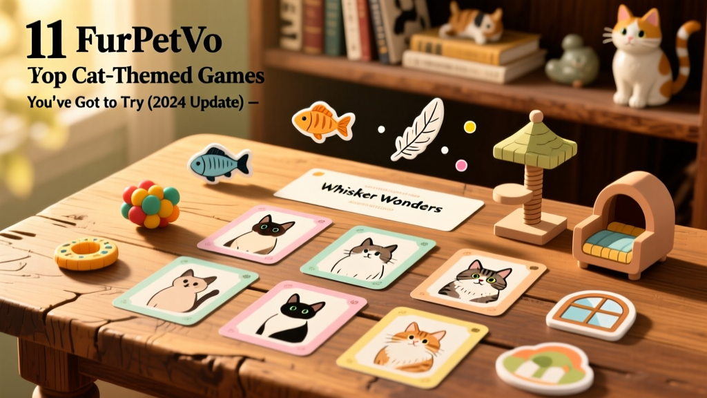 A vibrant hand-illustrated card spread from FurPetVo Whisker Wonders showing cat breed cards, toy tokens, and habitat upgrade icons arranged on a wooden table