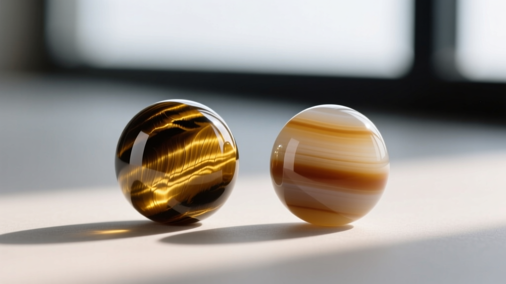 Macro comparison of genuine tiger eye bead showing chatoyancy next to a dyed agate imitation bead with flat, uniform color bands.