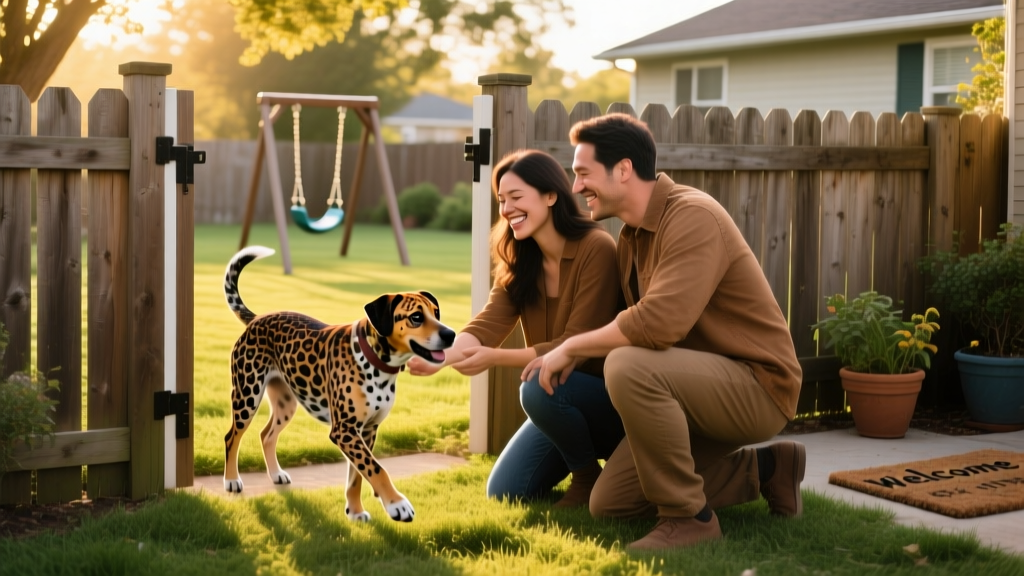Two people smiling as they gently introduce a Catahoula Leopard Dog to a fenced backyard, symbolizing a smooth, joyful transition to a new home