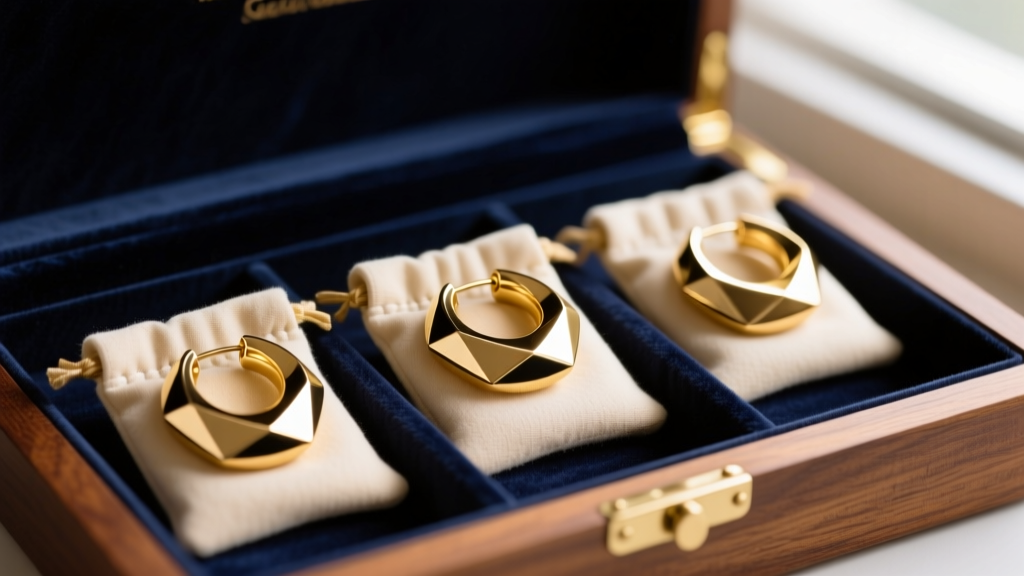 Chunky gold hoop earrings resting inside individual soft microfiber jewelry pouches within a velvet-lined wooden storage box.