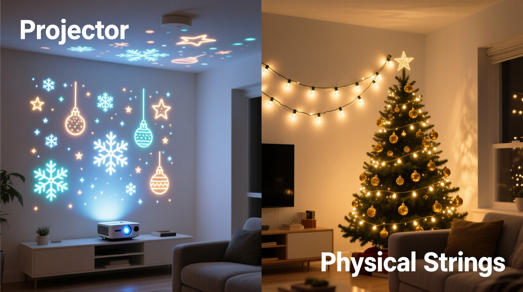 indoor projector christmas lights vs physical strings setup ease compared