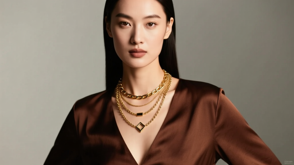 Editorial shot of a model wearing a layered 14k gold necklace set over a deep V-neck silk blouse under soft, warm studio lighting.