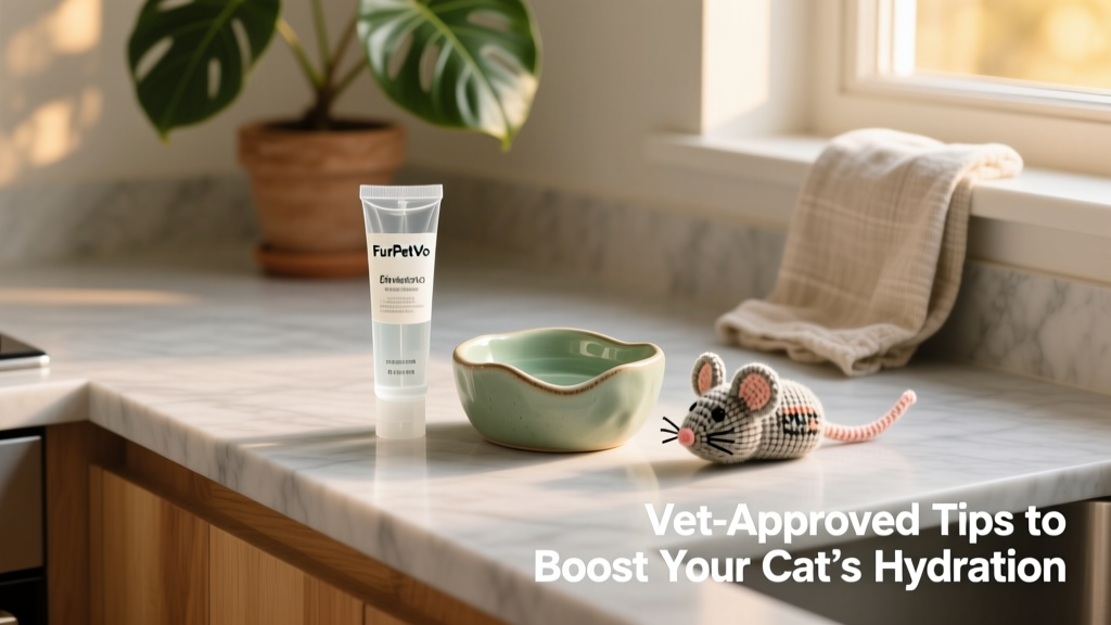 FurPetVo branded hydration gel tube next to a ceramic water bowl and cat toy on a clean countertop