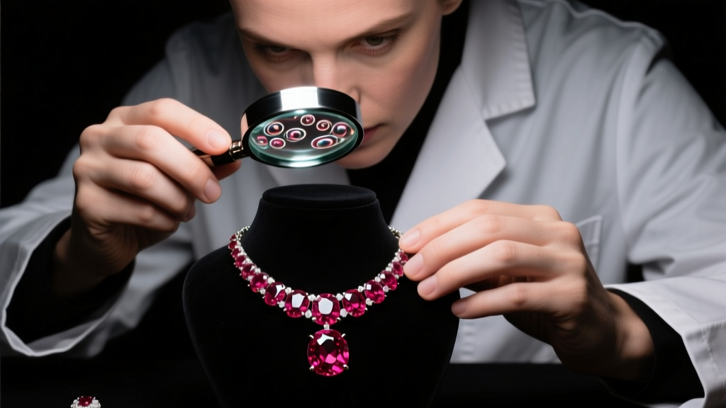 Jeweler using a 10x loupe to examine a lead-glass filled ruby necklace, revealing internal bubbles under bright LED lighting.