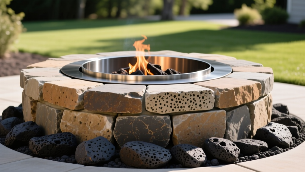 Close-up of a custom backyard fire pit built with tumbled retaining wall blocks, a heavy-duty steel fire ring insert, and lava rock base