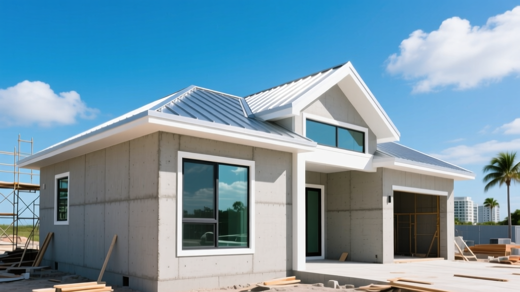 Modern concrete block stucco home under construction in Florida with impact-resistant windows and a metal roof against a sunny sky