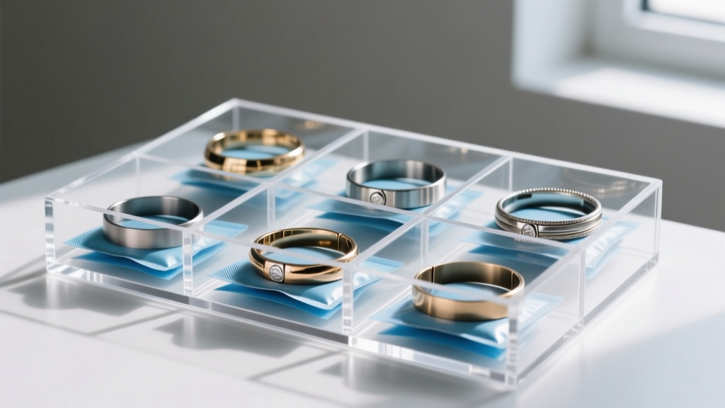 Airtight acrylic jewelry organizer storing titanium bracelets in separate compartments alongside anti-tarnish silica gel packets.