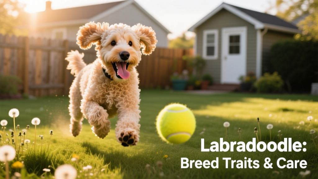 A young Labradoodle mid-run in a sunlit yard, joyfully chasing a tennis ball