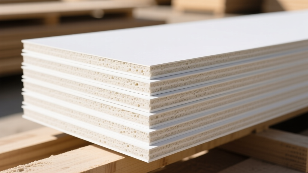 Close-up cross-section of stacked gypsum board panels showing precise tapered edges and paper facing in a well-lit lumber yard