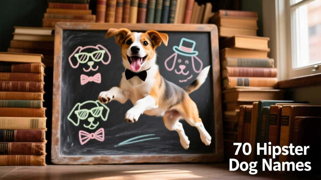 A joyful mixed-breed puppy leaping mid-air against a backdrop of stacked vintage books and a chalkboard with hand-drawn dog-themed doodles