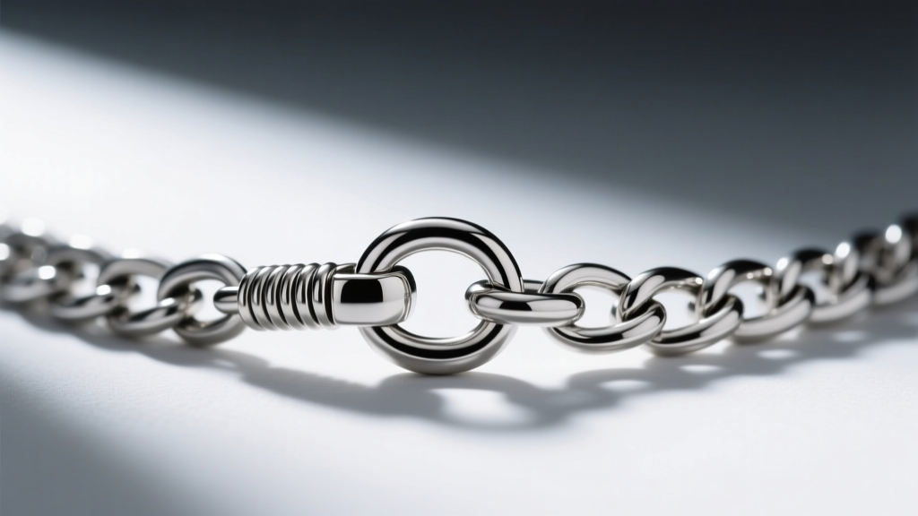 Macro close-up of a secure lobster clasp connecting a 3mm stainless steel curb linked necklace, revealing the spring mechanism.