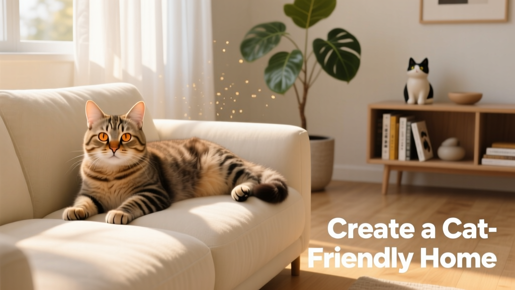 A relaxed cat lounging on a soft sofa in a sunlit living room
