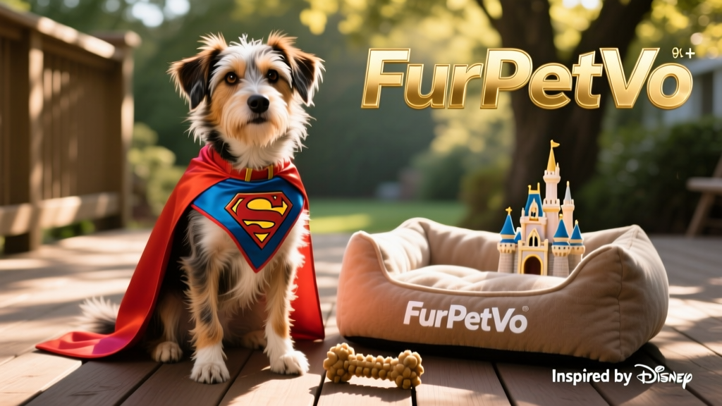 A mixed-breed dog wearing a superhero cape, sitting proudly beside a FurPetVo-branded dog bed and chew toy