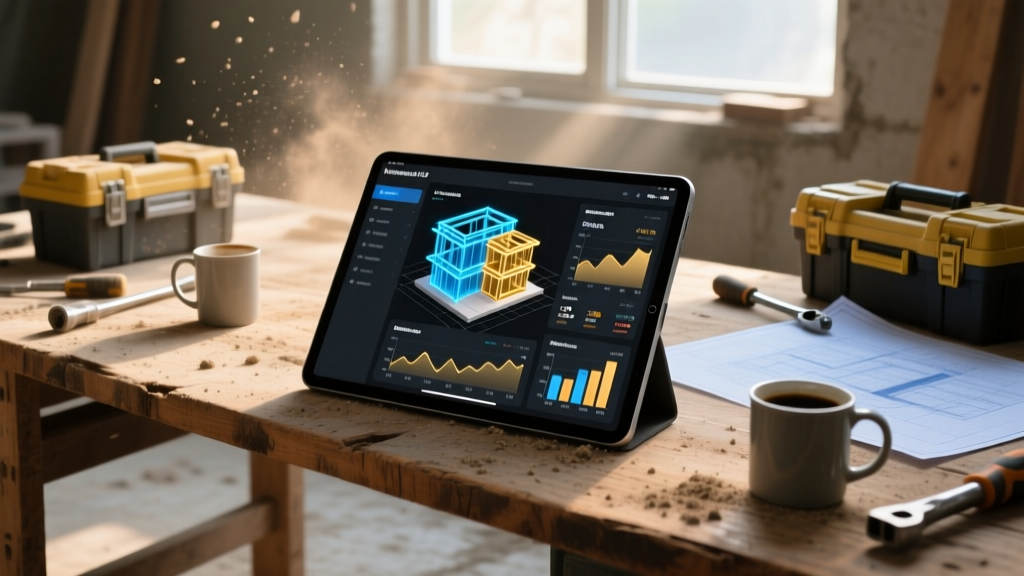 Tablet showing a custom construction estimating web app with 3D BIM models and material pricing charts on a dusty wooden job site desk