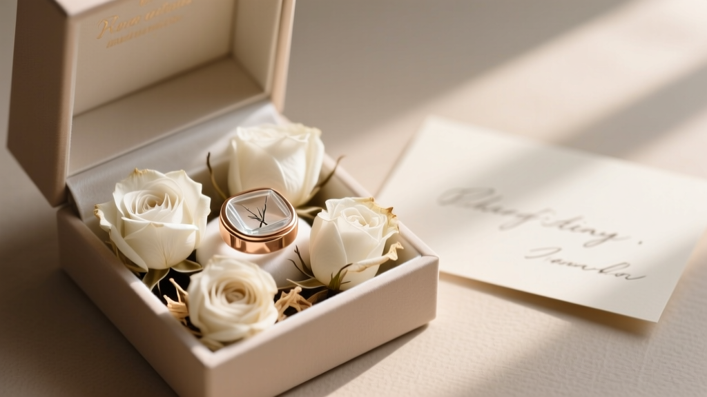 Open gift box revealing a rose gold memorial ring with glass ash inlay, resting beside a handwritten card and dried white roses.