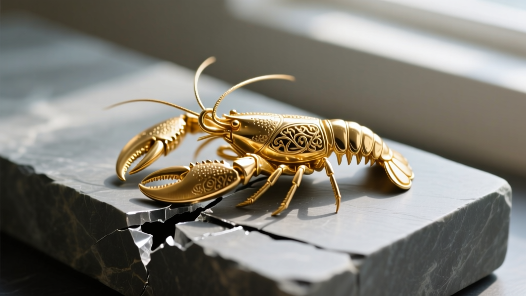 Macro shot of a broken gold lobster clasp on a chain, resting on a slate bench block with lighting highlighting the fracture.