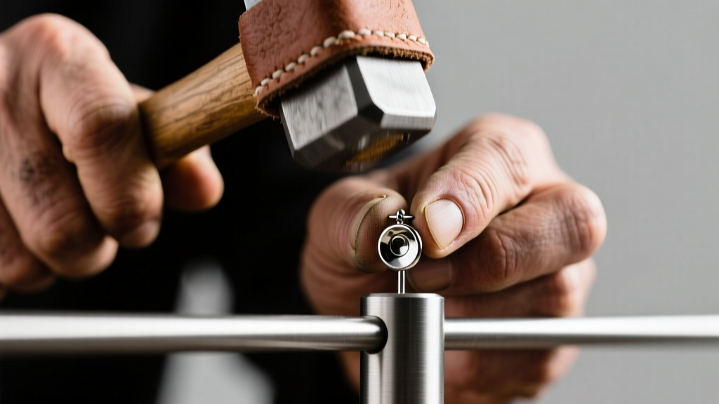 Close-up of hands using a rawhide mallet to tap a titanium earring post straight on a steel mandrel under bright studio lighting.