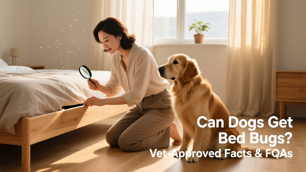 Woman with magnifying glass detecting bed bugs in bedroom