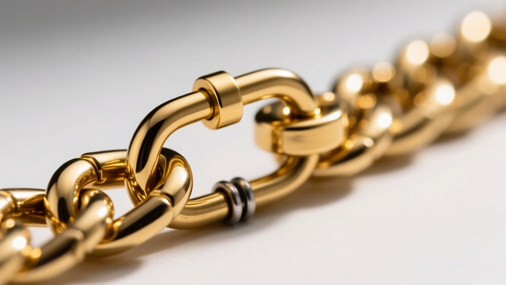 Macro shot of a heavy 15mm gold lobster clasp being attached to a thick curb link watch chain with a soldered 14-gauge jump ring.
