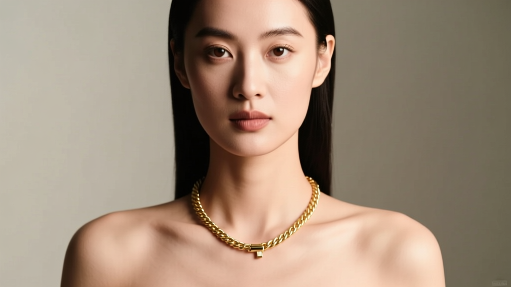 Front-facing shot of a woman wearing a 5mm gold rope chain, showing the small clasp sliding awkwardly to the front of her collarbone.