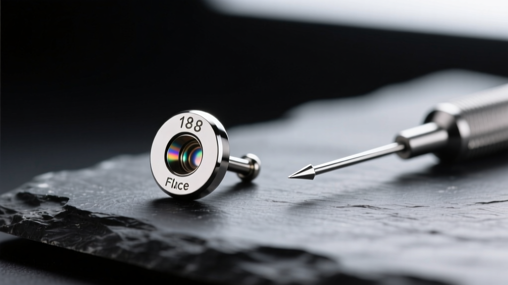 Macro shot of an 18-gauge implant-grade titanium flat-back stud resting on dark slate with a professional piercing needle nearby