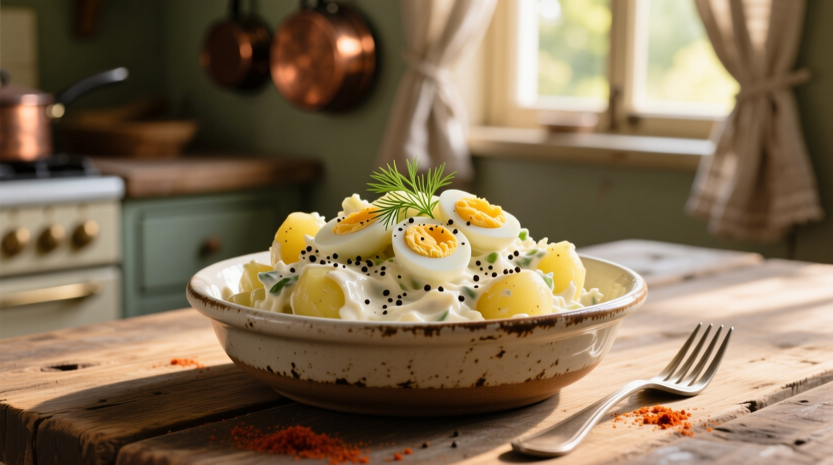 Creamy potato egg salad in serving bowl