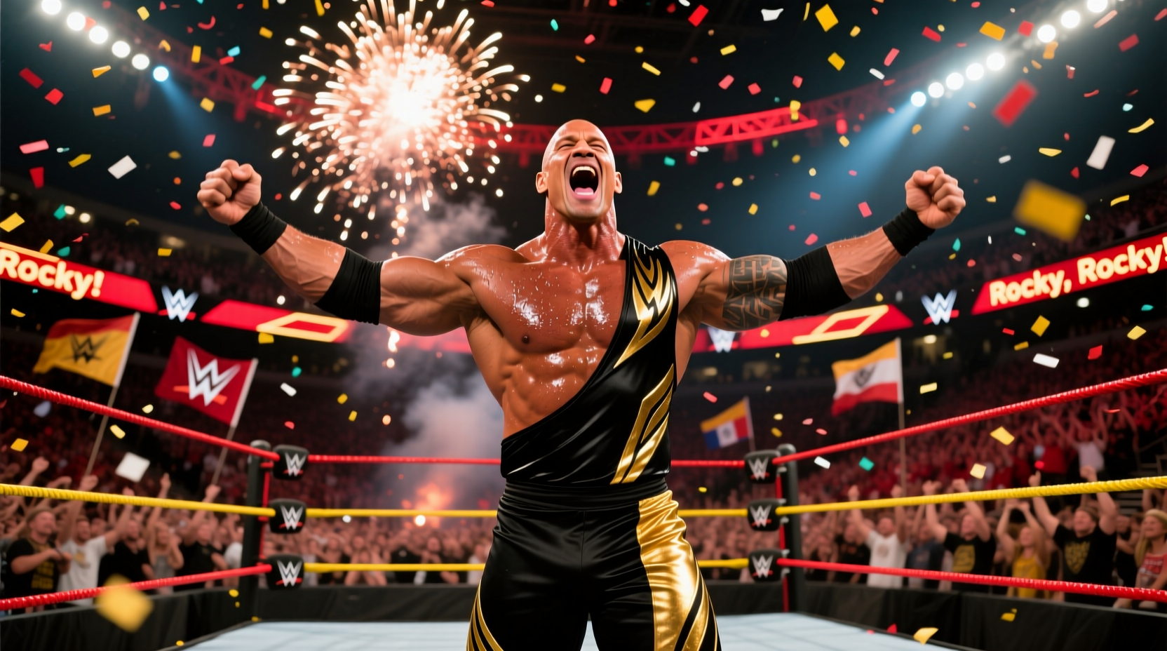 The Rock performing his signature catchphrase in WWE ring