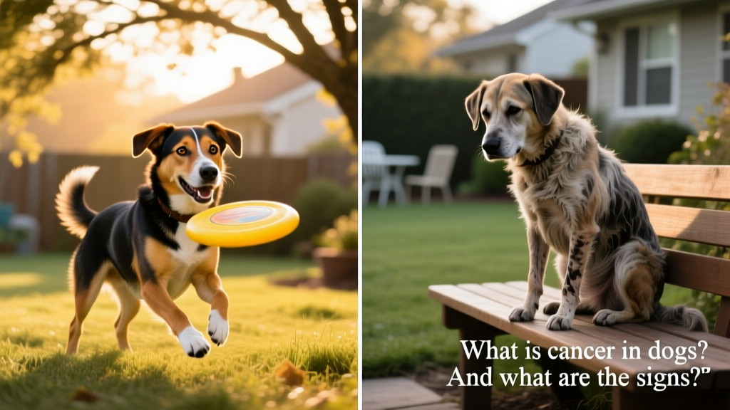 Side-by-side comparison showing a healthy dog versus one exhibiting visible signs of illness: lethargy, weight loss, and dull coat