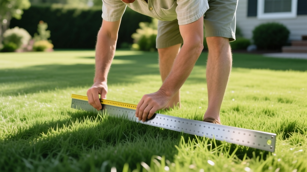 Homeowner measuring grass height with a ruler to ensure shaded lawn is cut at the recommended 3.5 inches for optimal light capture